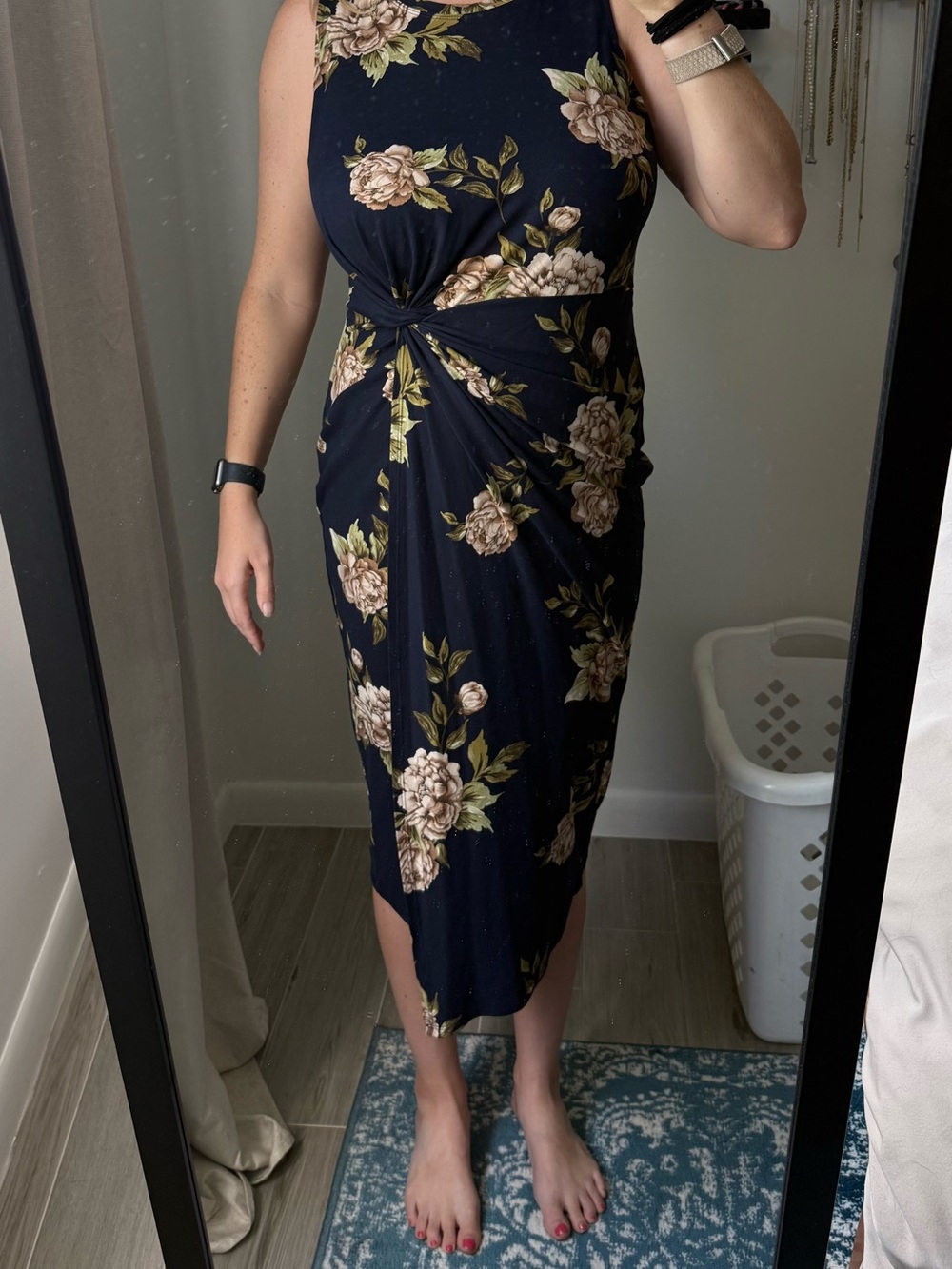 Sleeveless Navy Floral Twist-Front Midi Dress